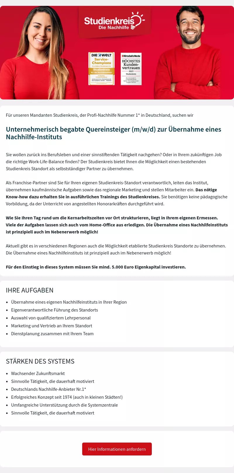 Unternehmerisch begabte Quereinsteiger (m/w/d) zur Übernahme eines Nachhilfe-Instituts