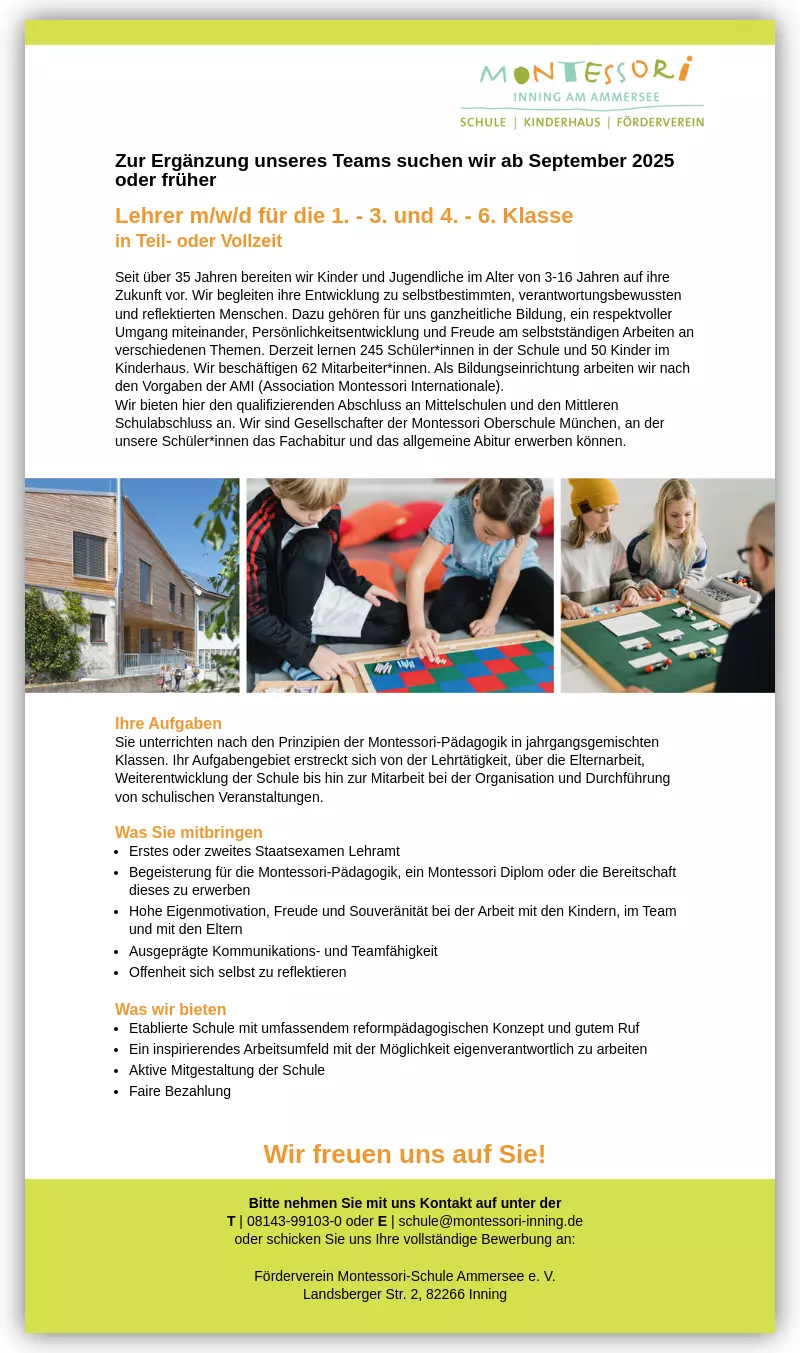 Lehrer m/w/d für die 1.-3. und 4.-6. Klasse in Teil- oder Vollzeit