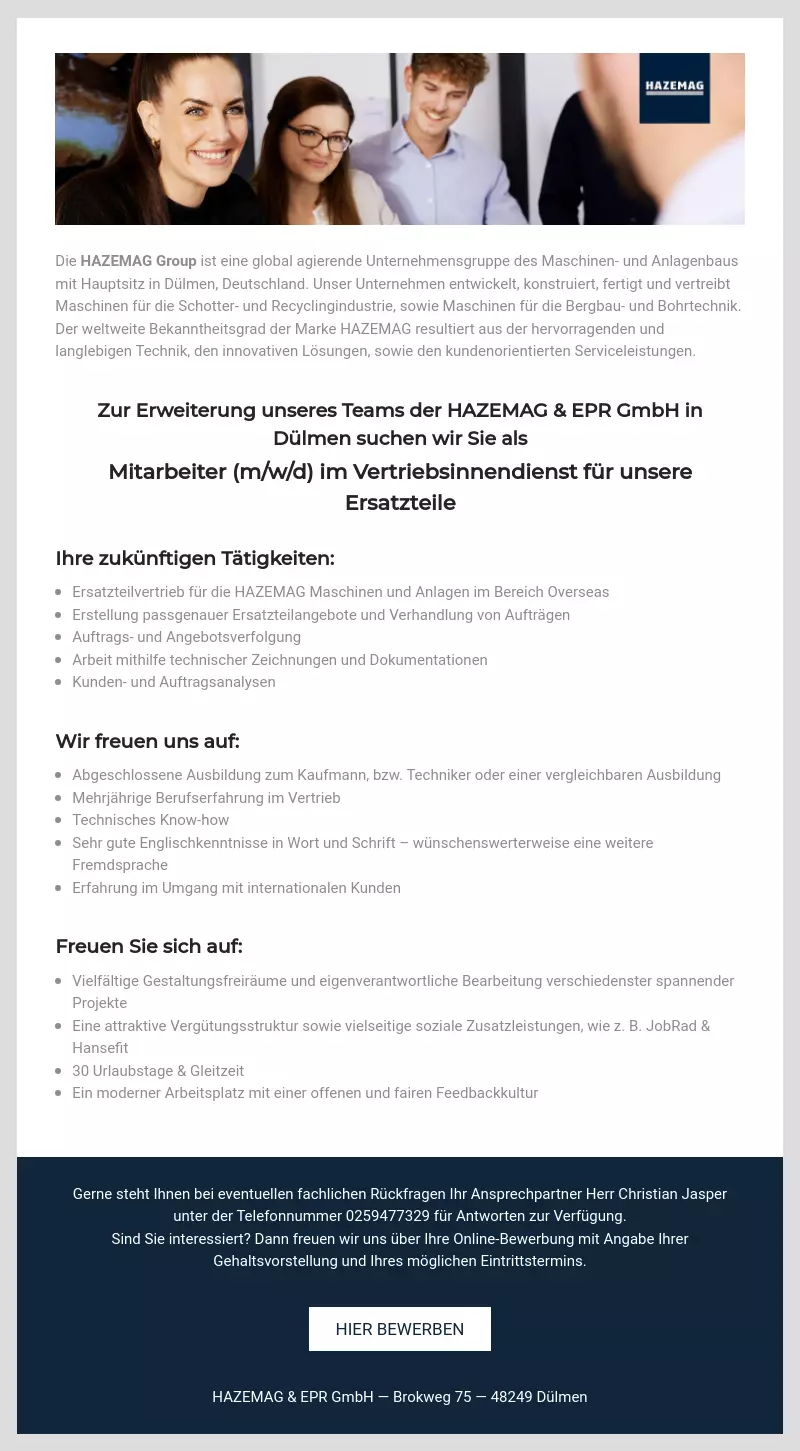 Mitarbeiter (m/w/d) im Vertriebsinnendienst für Ersatzteile