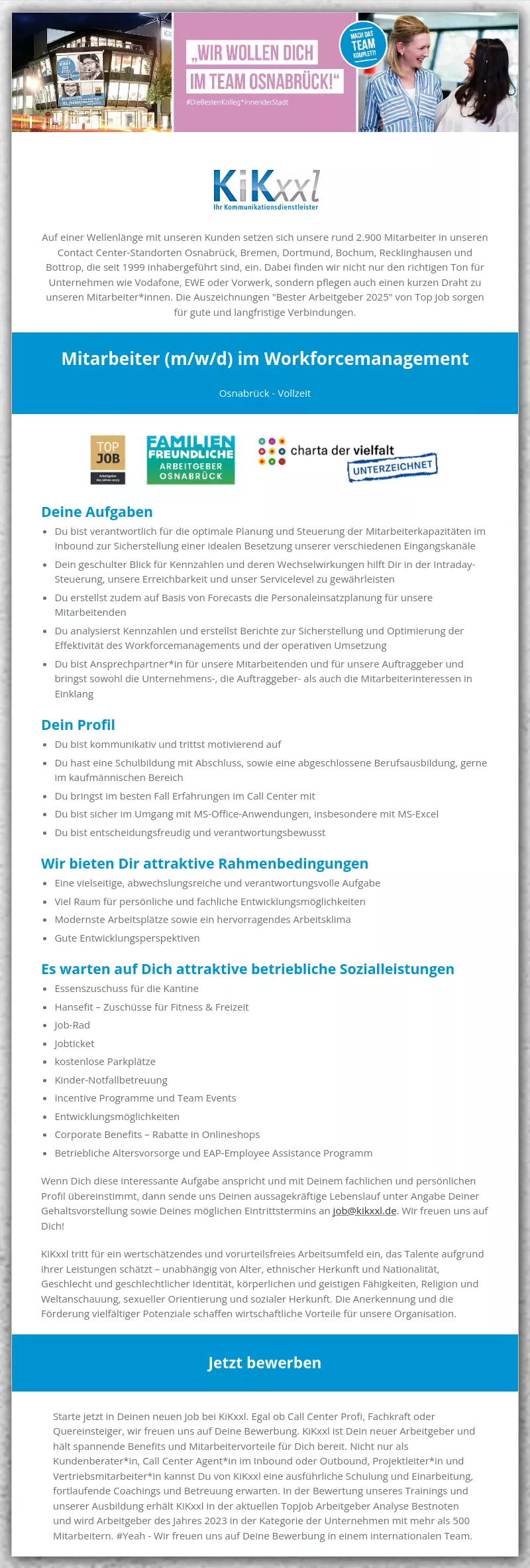 Kaufmännischer Mitarbeiter Personaleinsatzplanung / Coordinator Workforce Management (m/w/d)