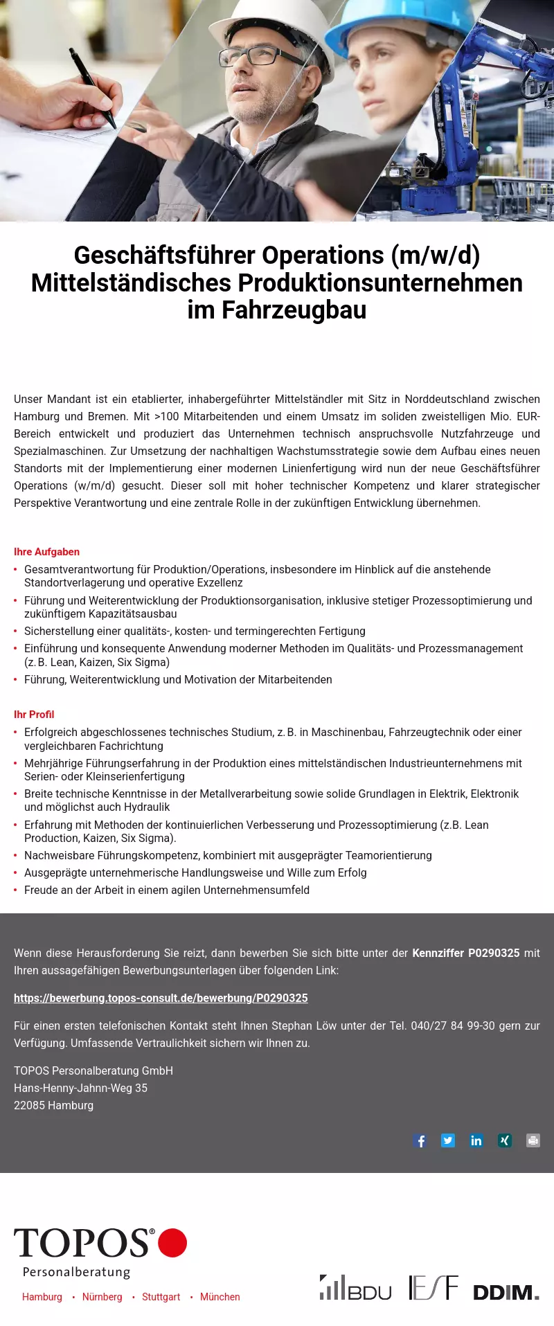 Geschäftsführer Operations (m/w/d) Mittelständisches Produktionsunternehmen im Fahrzeugbau