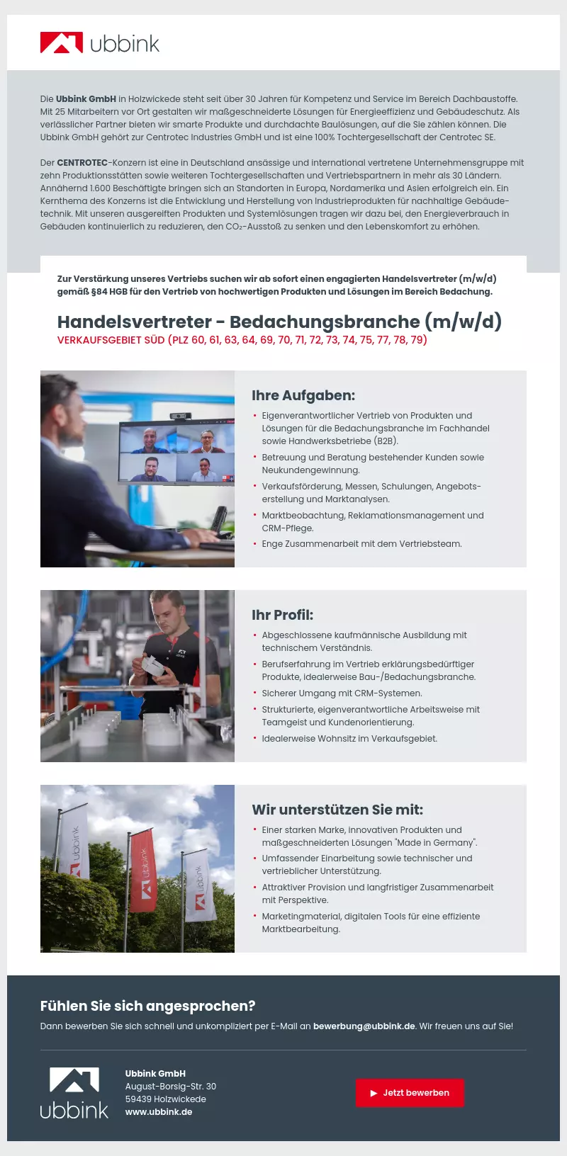 Handelsvertreter - Bedachungsbranche (m/w/d) Verkaufsgebiet SÜD