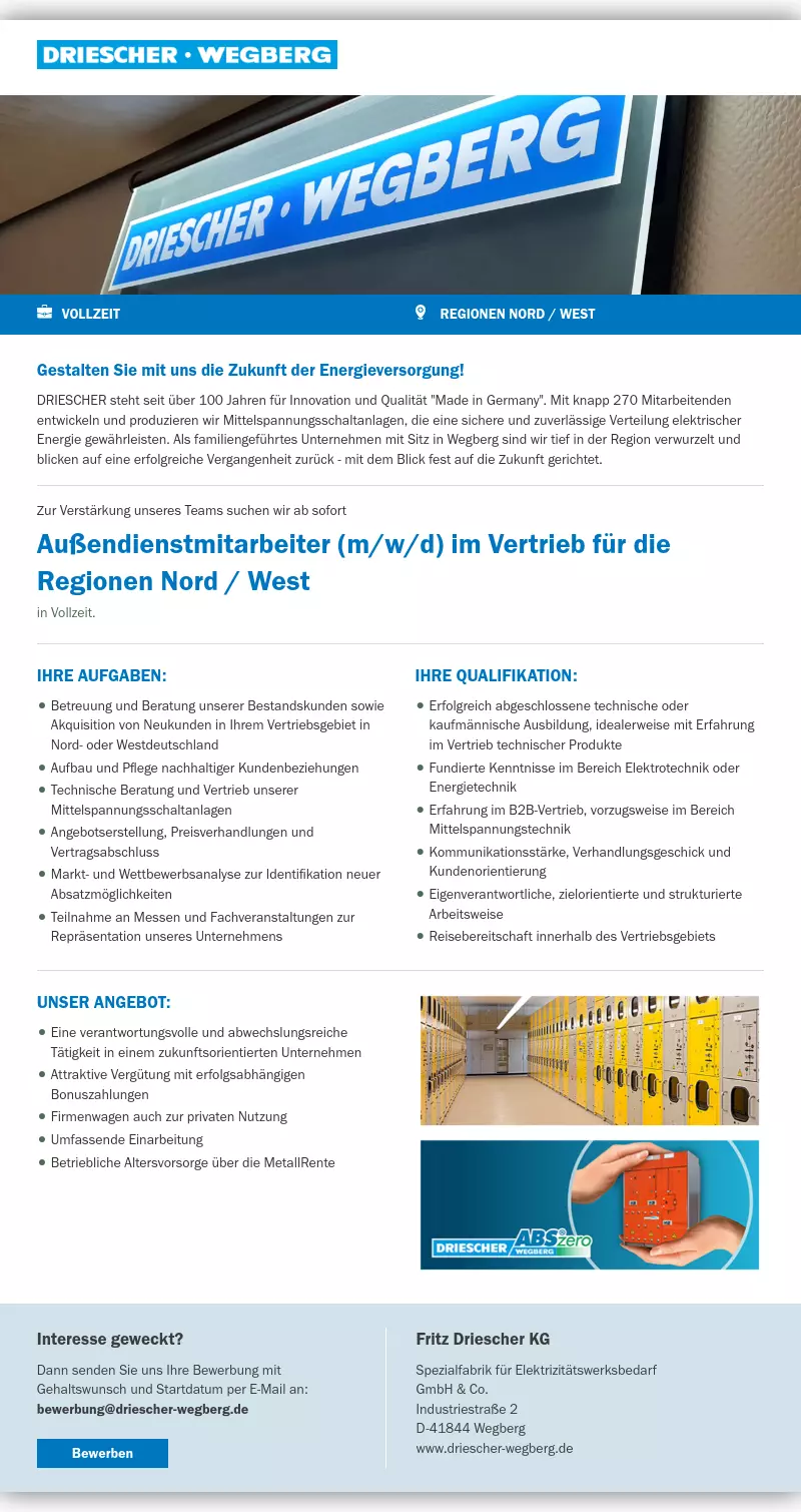 Außendienstmitarbeiter (m/w/d) im Vertrieb für die Regionen Nord / West
