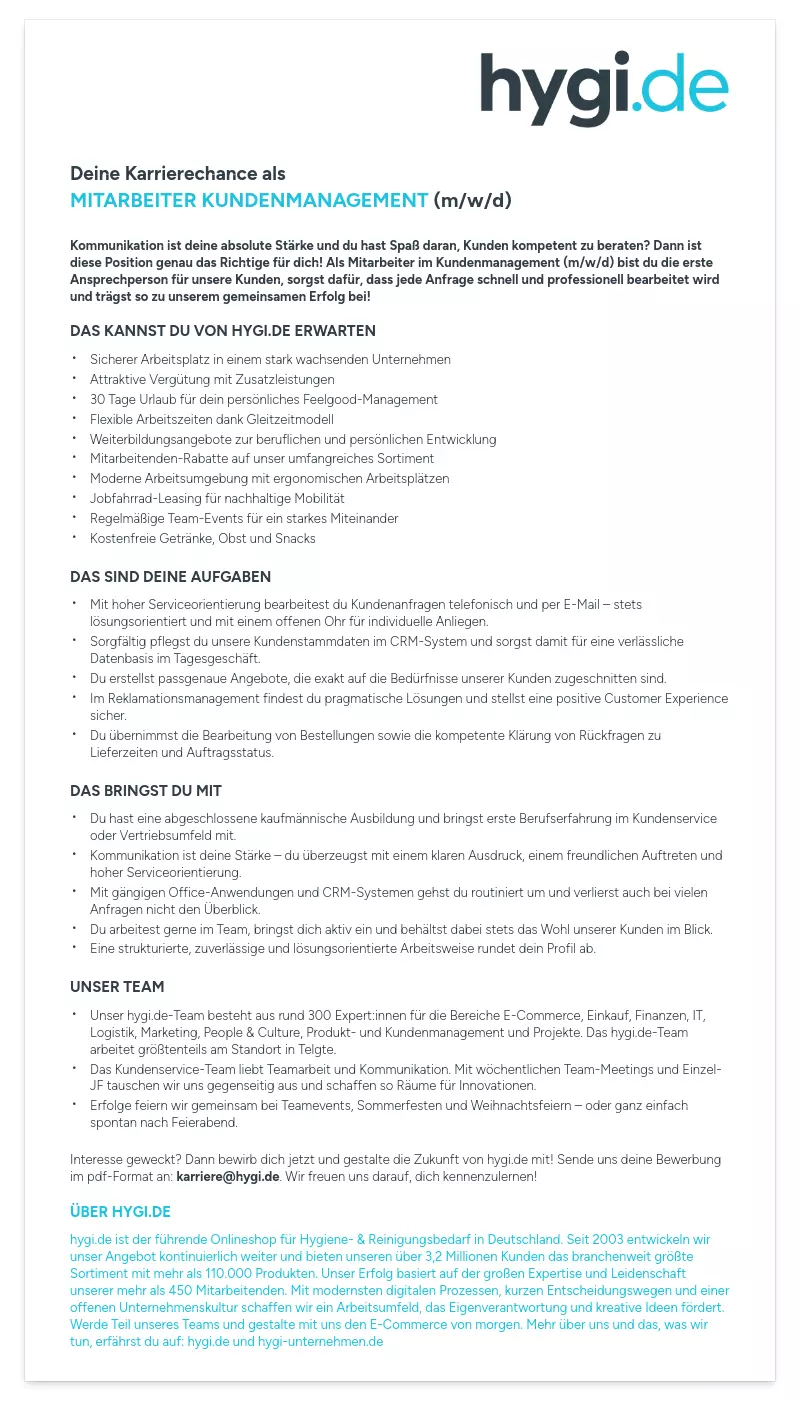 Mitarbeiter Kundenmanagement (m/w/d)