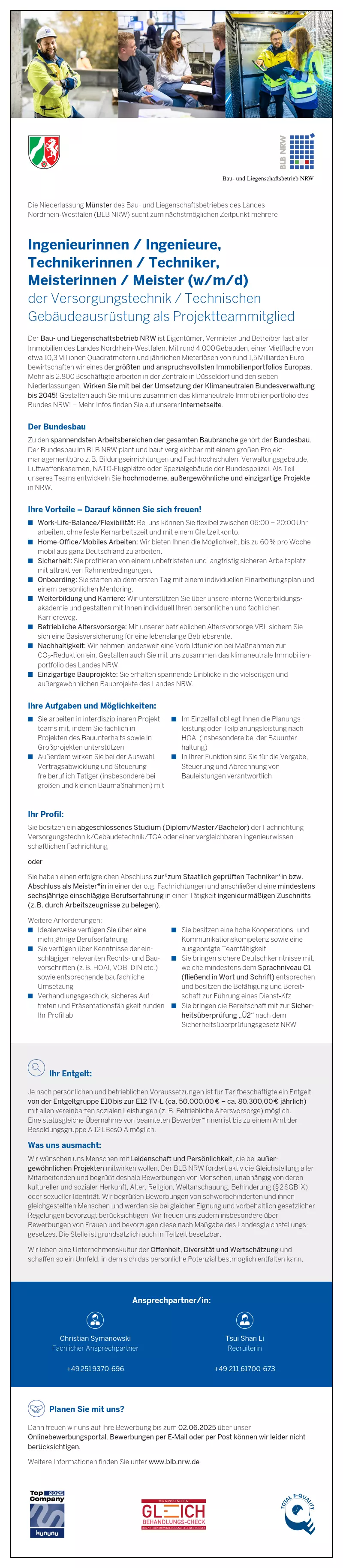 Ingenieurinnen / Ingenieur, Technikerinnen / Techniker, Meisterinnen / Meister (w/m/d) der Versorgungstechnik / Technischen Gebäudeausrüstung als Projektteammitglied