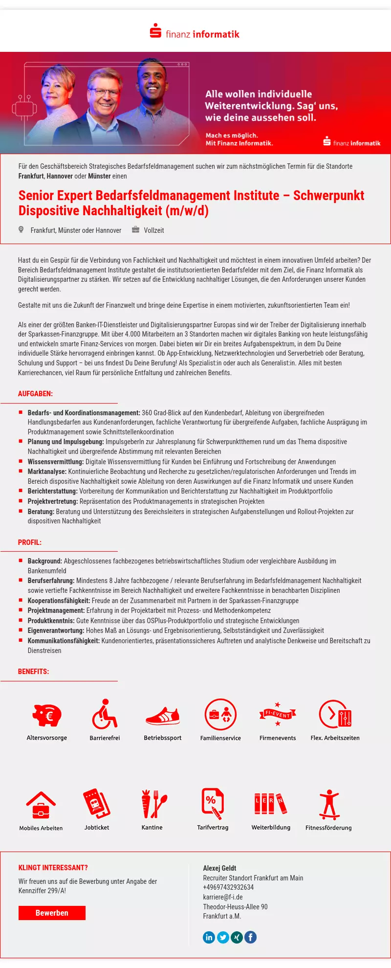 Senior Expert Bedarfsfeldmanagement Institute - Schwerpunkt Dispositive Nachhaltigkeit (m/w/d)