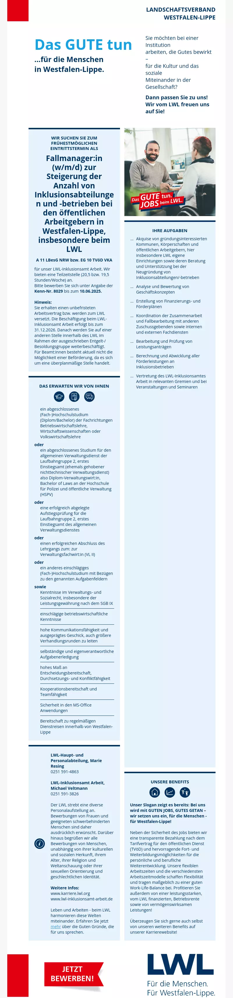 Fallmanager:in (w/m/d) zur Steigerung der Anzahl von Inklusionsabteilungen und -betrieben bei den öffentlichen Arbeitgebern in Westfalen-Lippe, insbesondere beim LWL