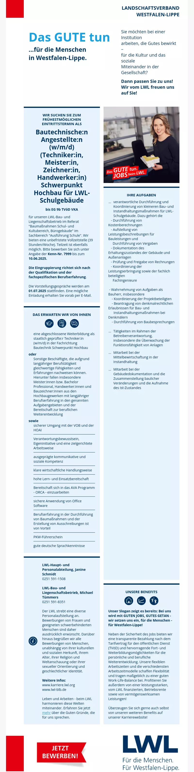 Bautechnische:n Angestellte:n (w/m/d) (Techniker:in, Meister:in, Zeichner:in, Handwerker:in) Schwerpunkt Hochbau für LWL-Schulgebäude