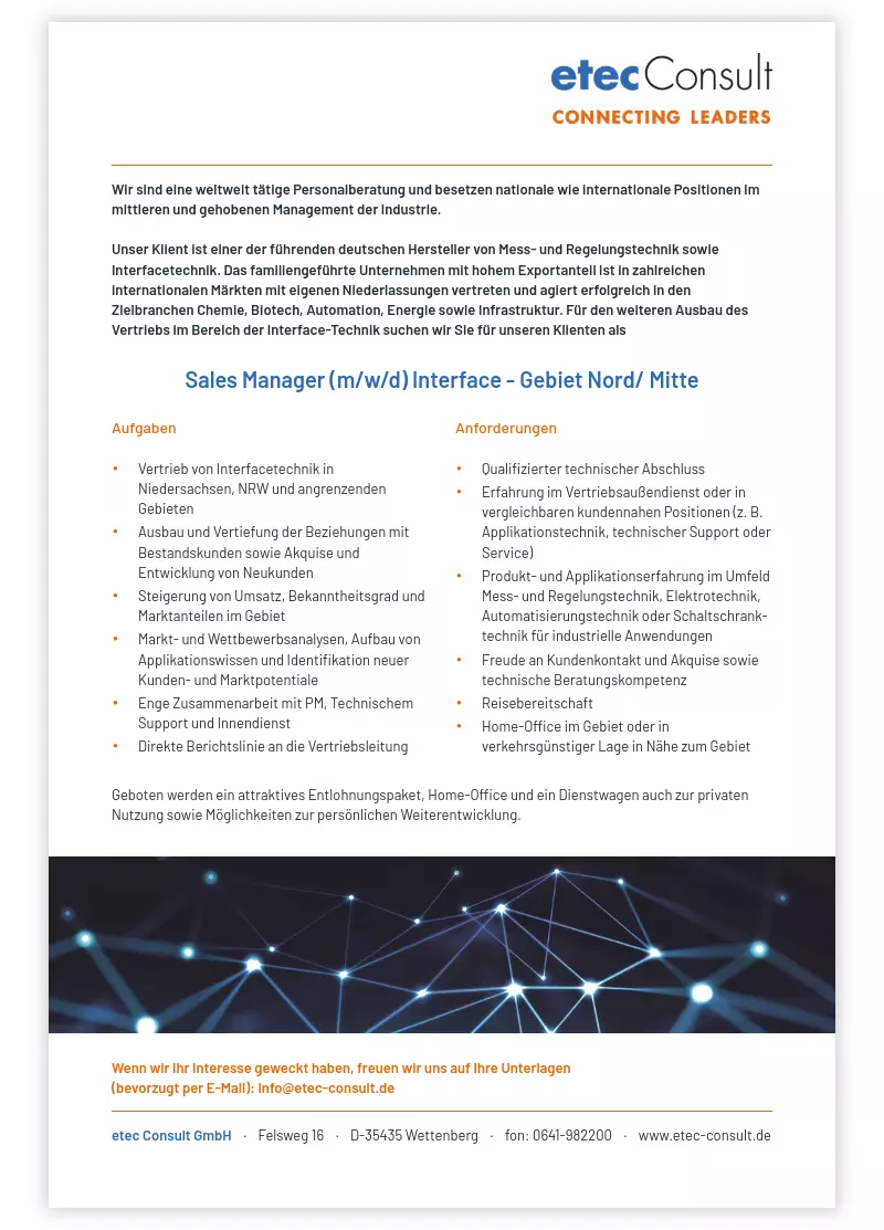Sales Manager (m/w/d) Interface - Gebiet Nord/ Mitte
