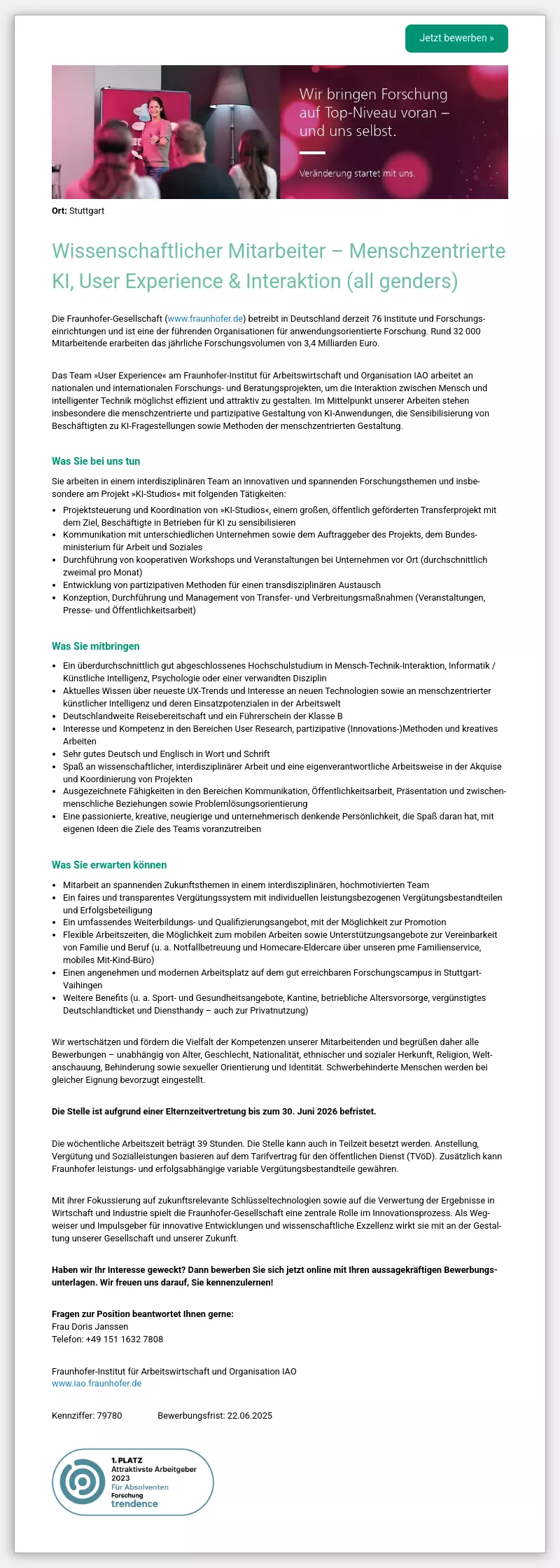 Wissenschaftlicher Mitarbeiter - Menschzentrierte KI, User Experience & Interaktion (all genders)