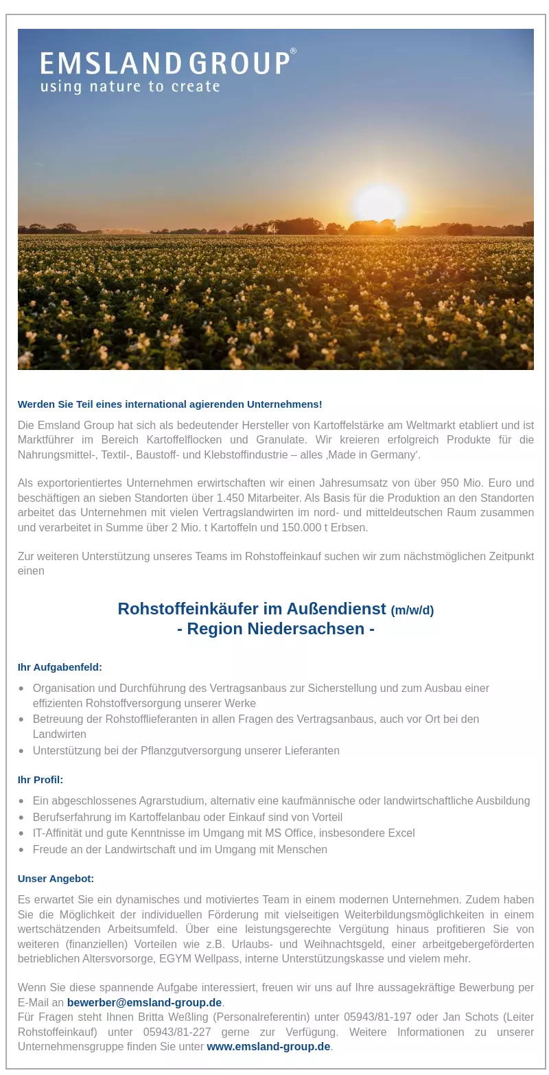 Rohstoffeinkäufer im Außendienst (m/w/d) - Region Niedersachsen