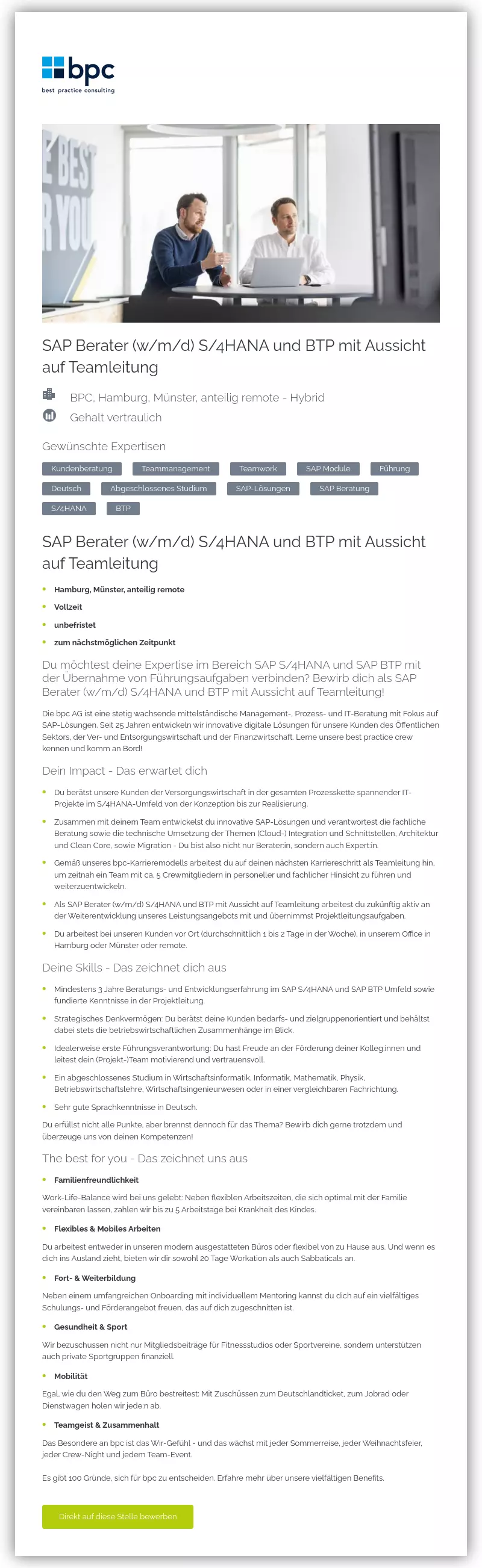 SAP Berater (w/m/d) S/4HANA und BTP mit Aussicht auf Teamleitung