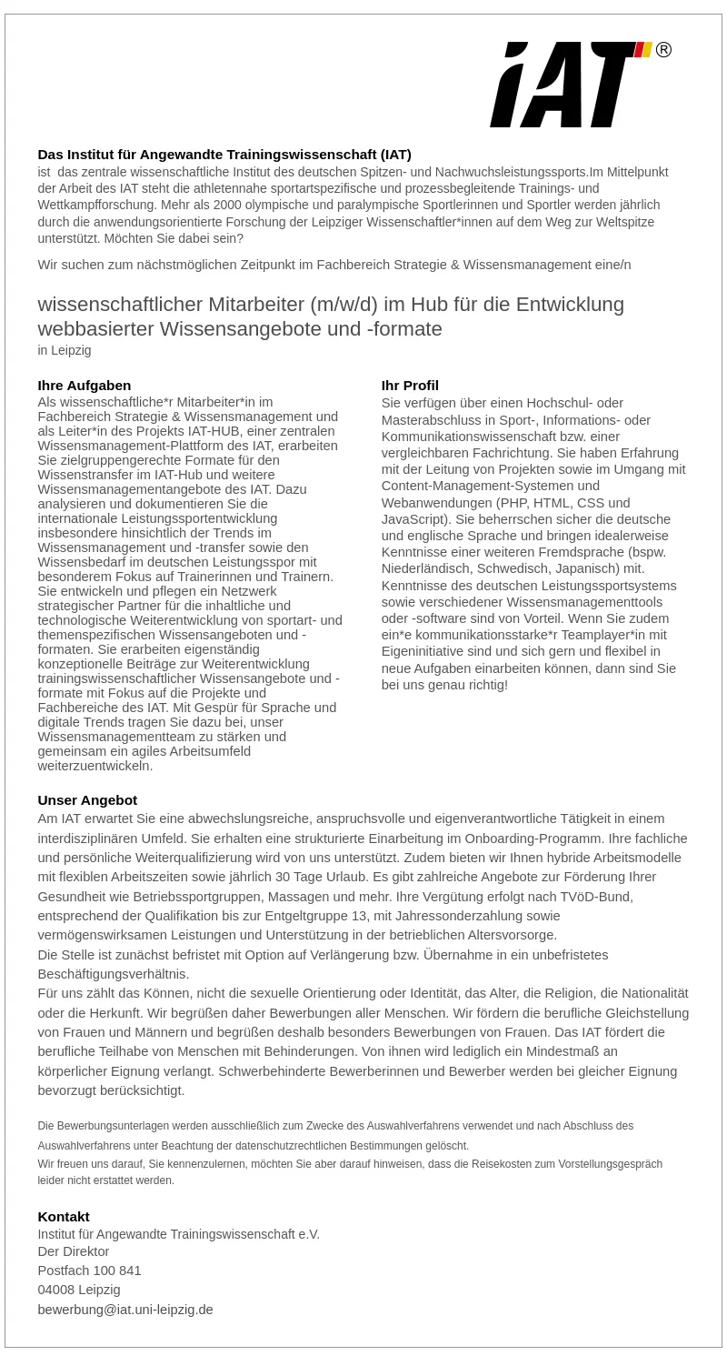 Wissenschaftlicher Mitarbeiter (m/w/d) im Hub für die Entwicklung webbasierter Wissensangebote und -formate