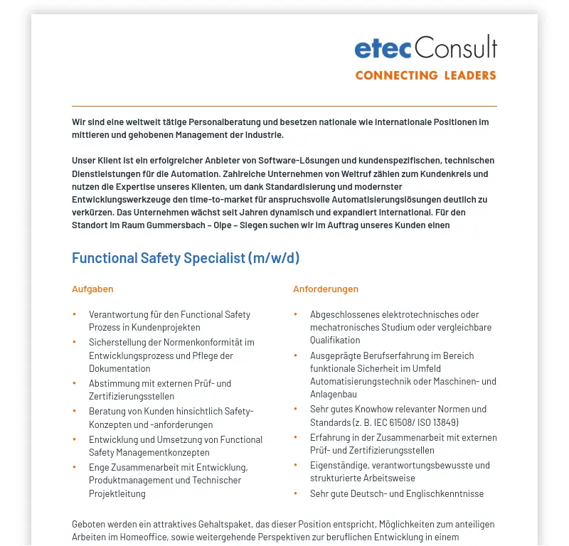 Functional Safety Specialist (m/w/d)