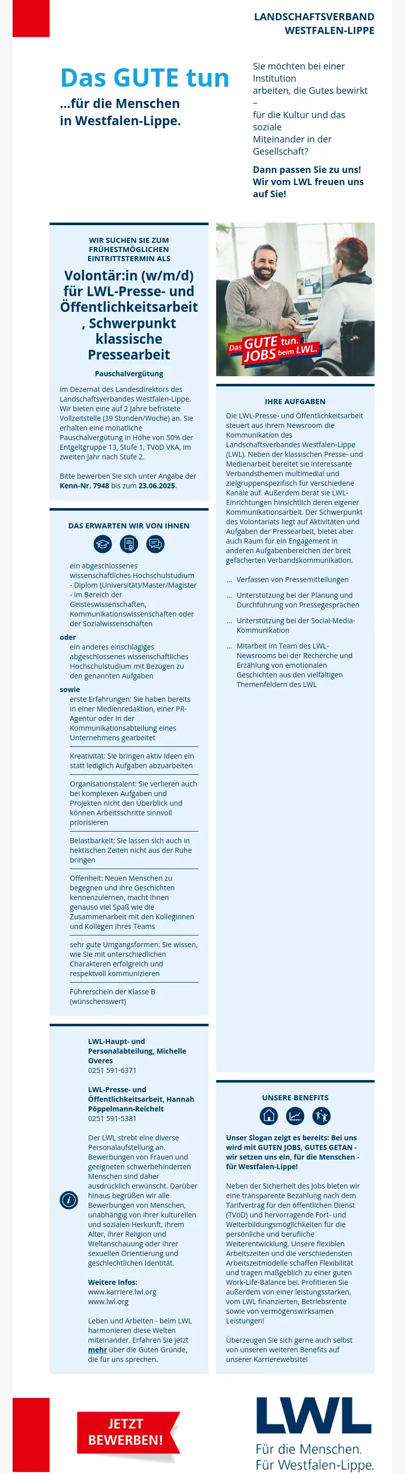Volontär:in (w/m/d) für LWL-Presse- und Öffentlichkeitsarbeit, Schwerpunkt klassische Pressearbeit