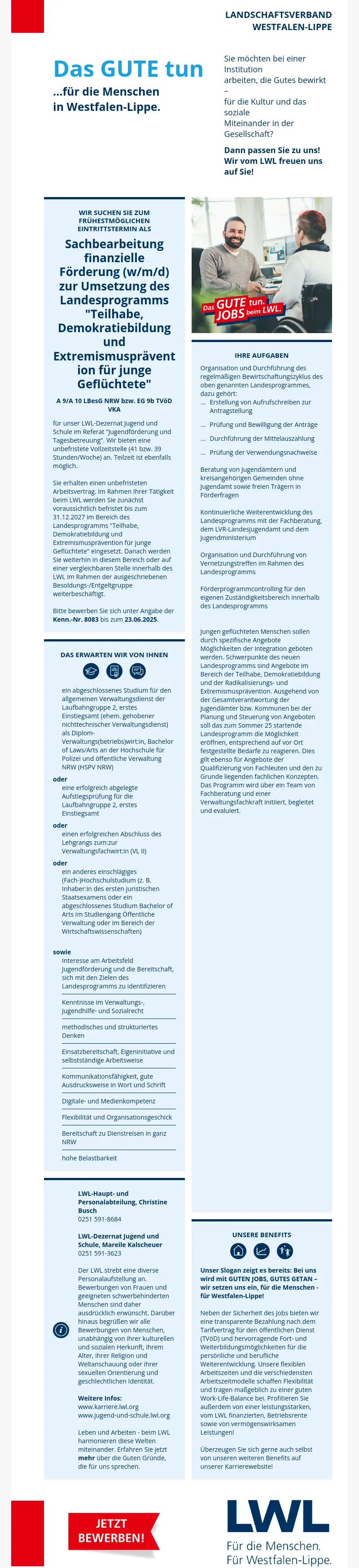 Sachbearbeitung finanzielle Förderung (w/m/d) zur Umsetzung des Landesprogramms "Teilhabe, Demokratiebildung und Extremismusprävention für junge Geflüchtete"