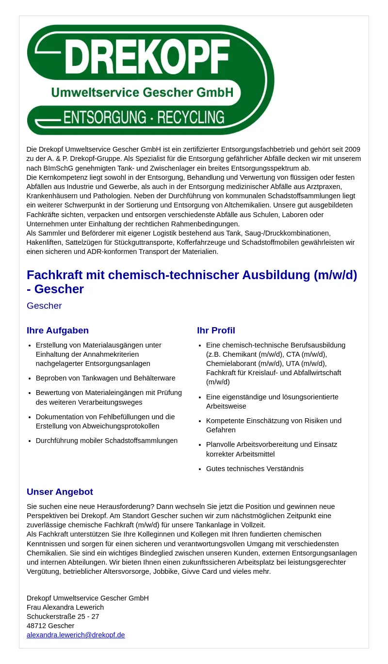 Fachkraft mit chemisch-technischer Ausbildung (m/w/d) - Gescher