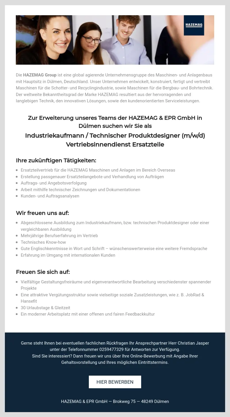 Industriekaufmann / Technischer Produktdesigner (m/w/d) Vertriebsinnendienst Ersatzteile