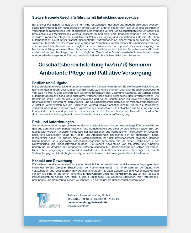Geschäftsbereichsleitung (w/m/d) Senioren, Ambulante Pflege und Palliative Versorgung