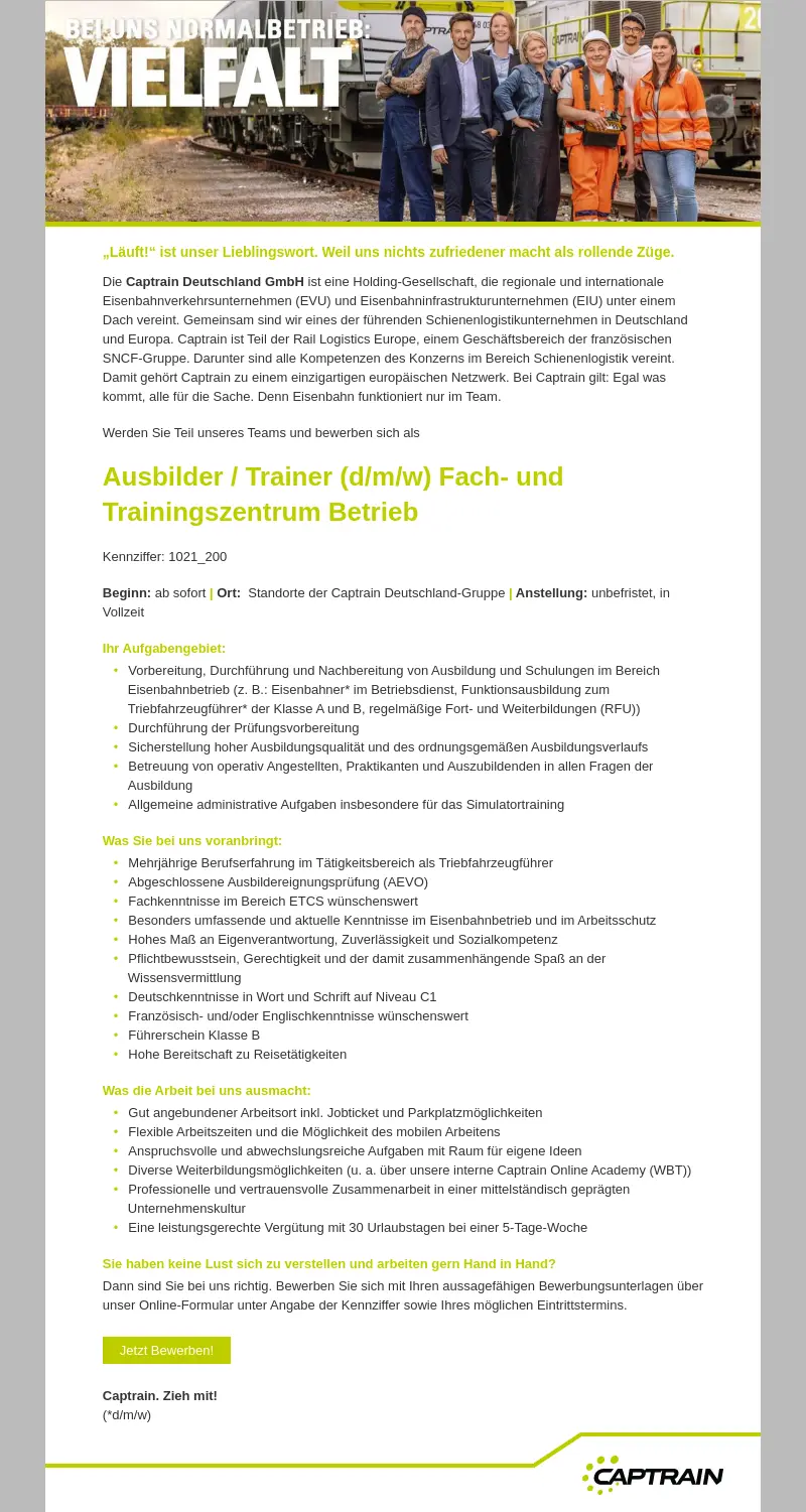 Ausbilder / Trainer (d/m/w) Fach- und Trainingszentrum Betrieb