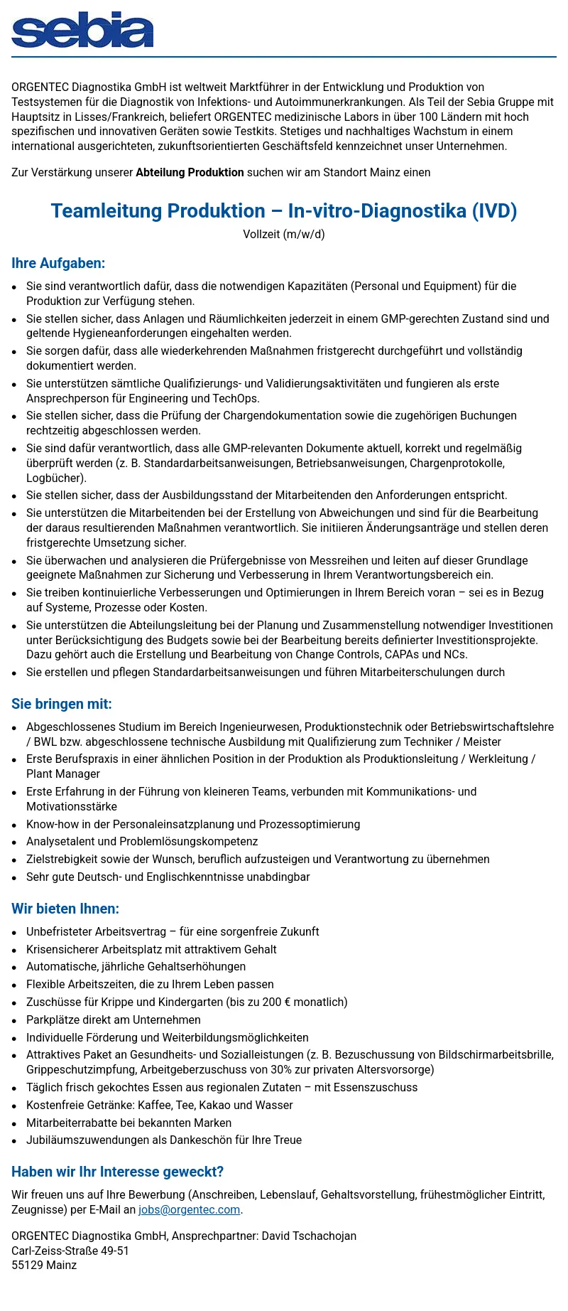 Teamleitung Produktion - In-vitro-Diagnostika (IVD)