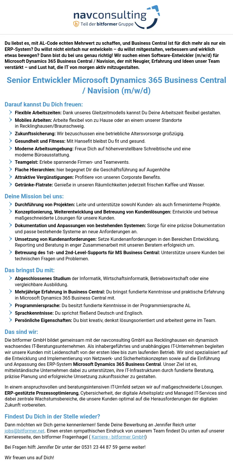 Senior Entwickler Microsoft Dynamics 365 Business Central / Navision (m/w/d)
