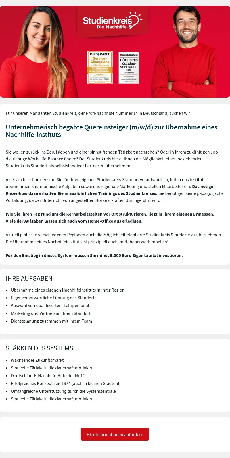 Unternehmerisch begabte Quereinsteiger (m/w/d) zur Übernahme eines Nachhilfe-Instituts