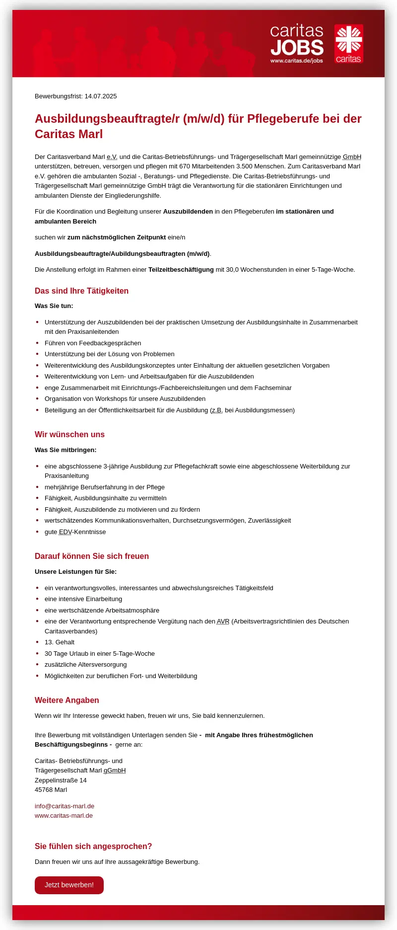 Ausbildungsbeauftragte/r (m/w/d) für Pflegeberufe bei der Caritas Marl