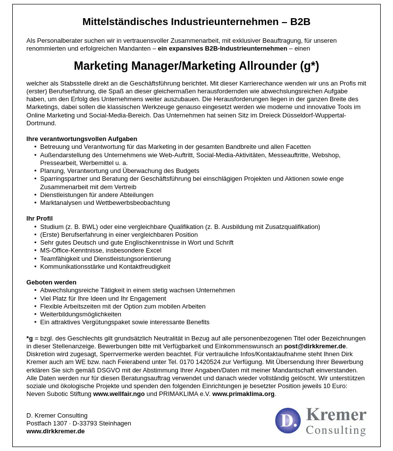 Marketing Manager/Marketing Allrounder (g*)