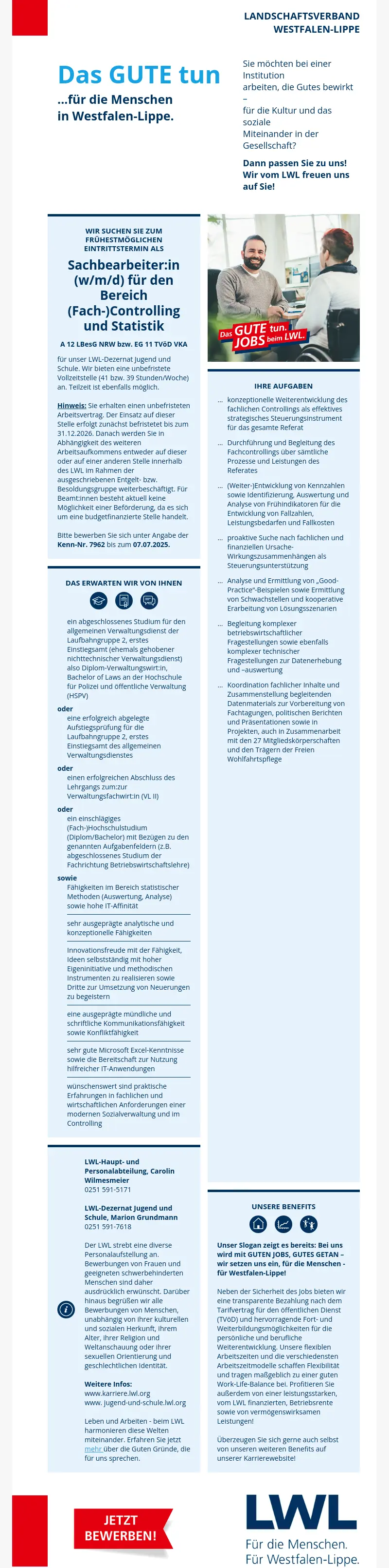 Sachbearbeiter:in (w/m/d) für den Bereich (Fach-)Controlling und Statistik