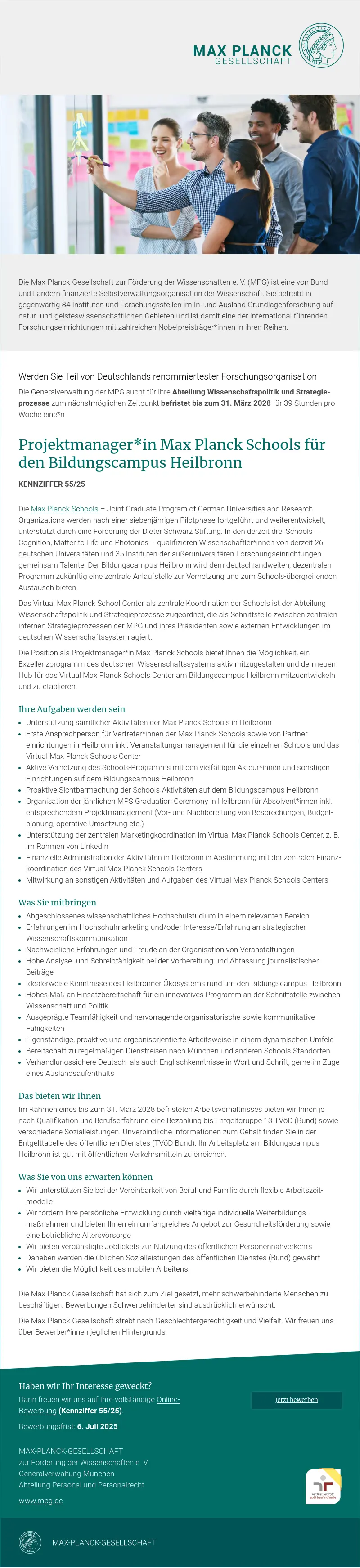 Projektmanager*in Max Planck Schools für den Bildungscampus Heilbronn
