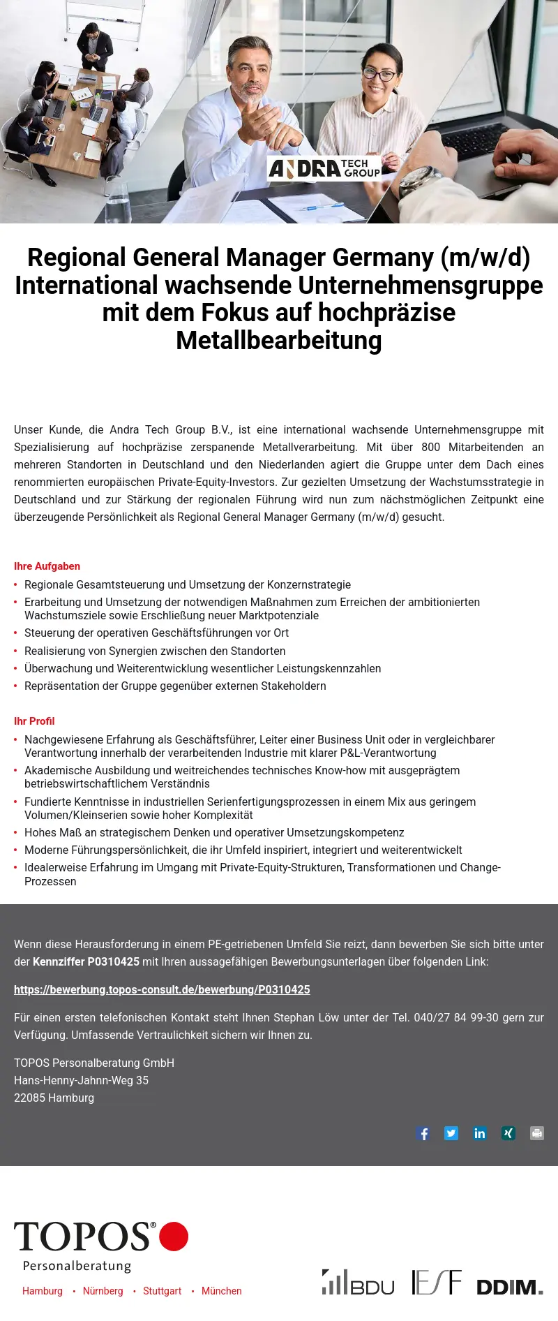 Regional General Manager Germany (m/w/d) International wachsende Unternehmensgruppe mit dem Fokus auf hochpräzise Metallbearbeitung