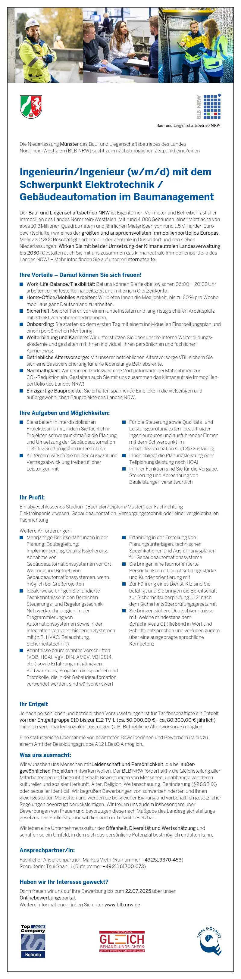 Ingenieurin/Ingenieur (w/m/d) mit dem Schwerpunkt Elektrotechnik/Gebäudeautomation im Baumanagement