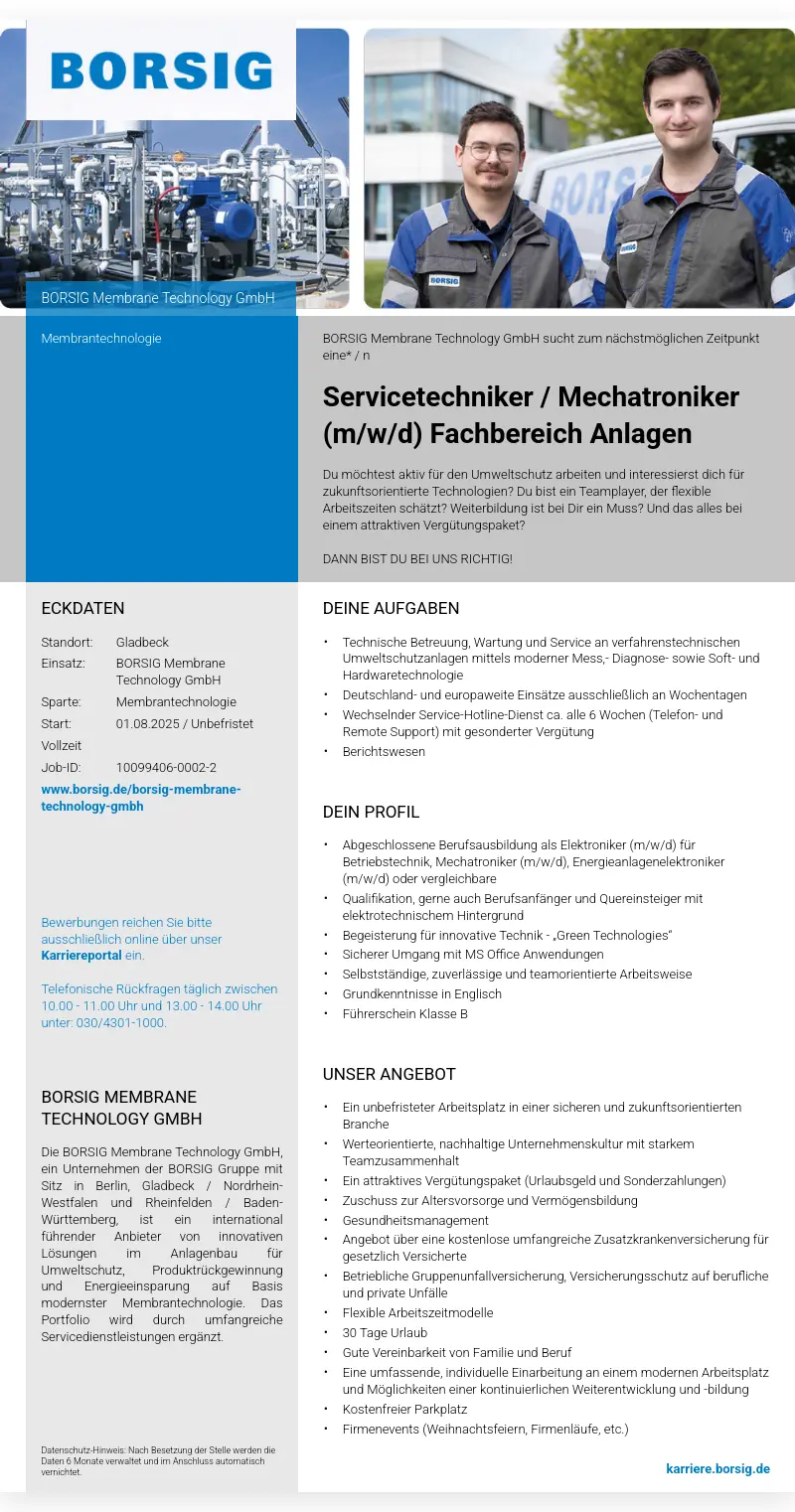 Servicetechniker / Mechatroniker (m/w/d) Fachbereich Anlagen