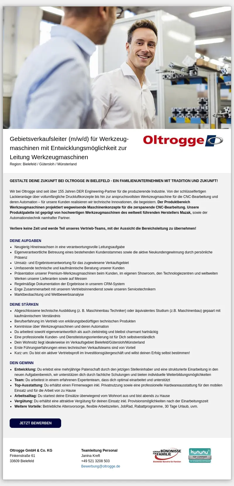 Gebietsverkaufsleiter (m/w/d) für Werkzeugmaschinen mit Entwicklungsmöglichkeit zur Leitung Werkzeugmaschinen