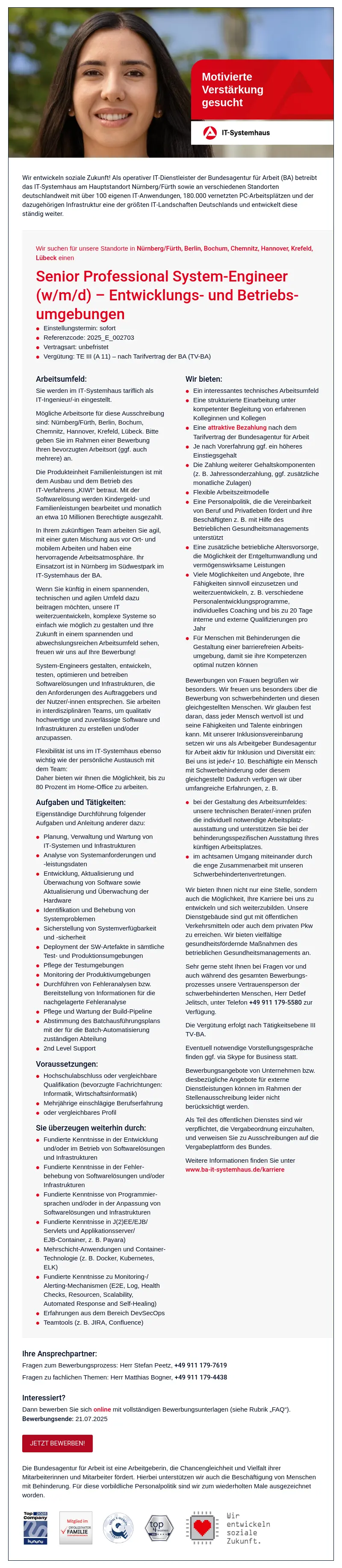 Senior Professional System-Engineer (w/m/d) - Entwicklungs- und Betriebsumgebungen