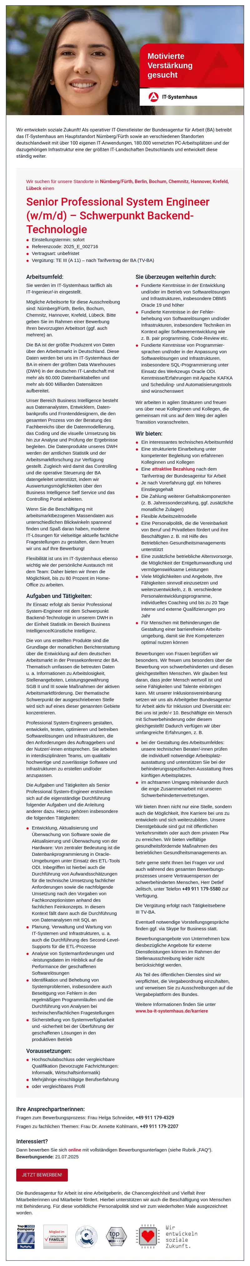 Senior Professional System Engineer (w/m/d) - Schwerpunkt Backend-Technologie