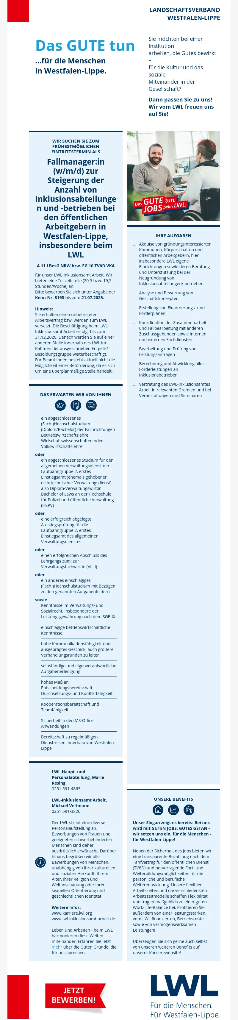 Fallmanager:in (w/m/d) zur Steigerung der Anzahl von Inklusionsabteilungen und -betrieben bei den öffentlichen Arbeitgebern in Westfalen-Lippe, insbesondere beim LWL