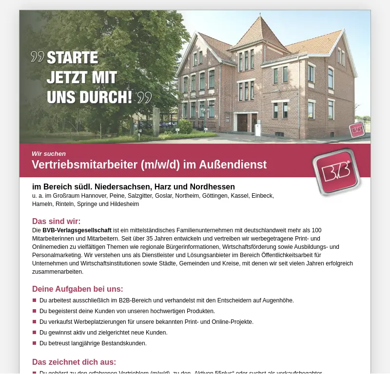 Vertriebsmitarbeiter (m/w/d) im Außendienst im Bereich südl. Niedersachsen, Harz und Nordhessen