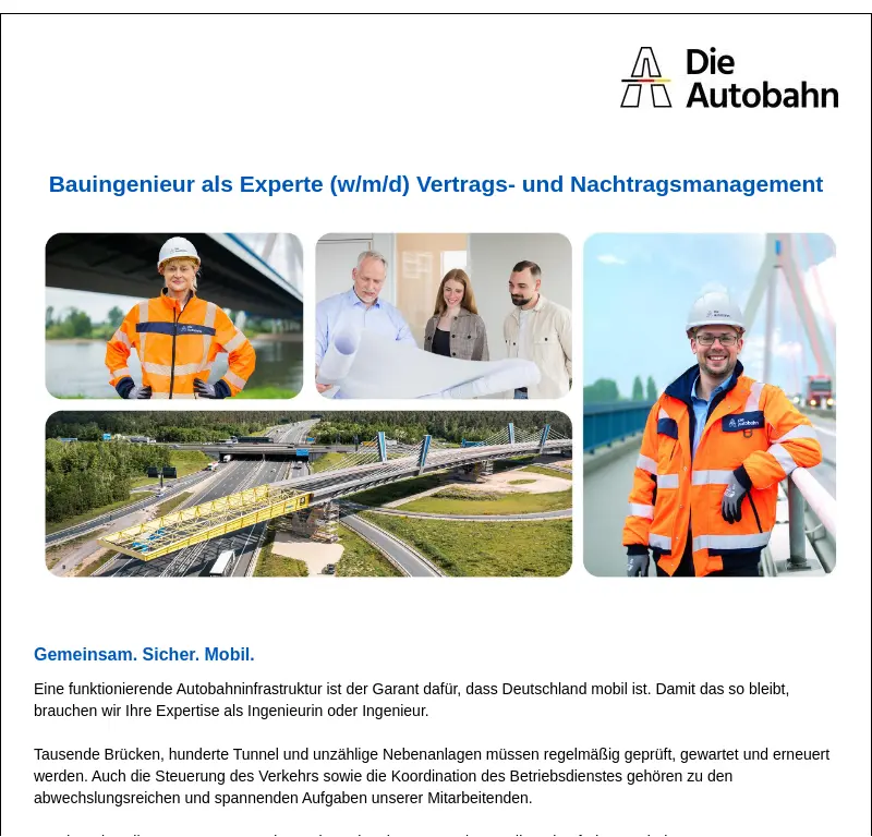 Bauingenieur als Experte (w/m/d) Vertrags- und Nachtragsmanagement