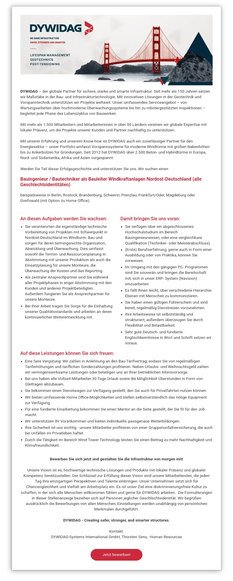 Bauingenieur / Bautechniker als Bauleiter Windkraftanlagen Nordost-Deutschland (alle Geschlechtsidentitäten)
