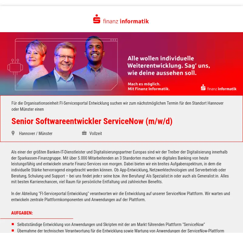 Senior Softwareentwickler ServiceNow (m/w/d)