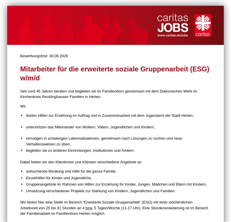 Mitarbeiter für die erweiterte soziale Gruppenarbeit (ESG) w/m/d