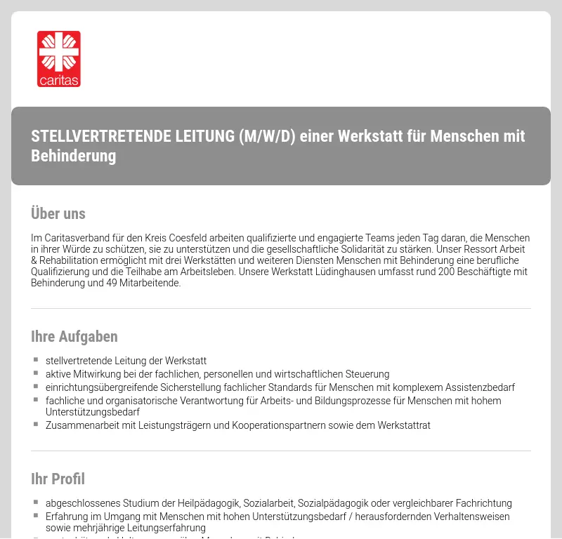 Stellvertretende Leitung (m/w/d) einer Werkstatt für Menschen mit Behinderung